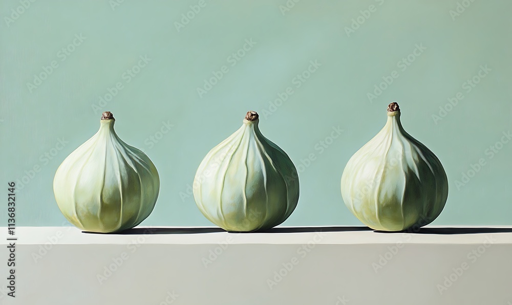 Obraz premium Three Green Figs Arranged on a Pale Surface