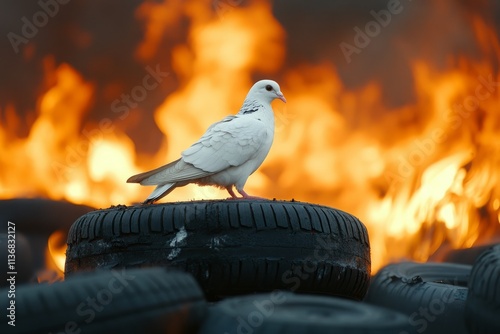 White dove standing on a burnt tire in front of a burning barricade symbolizing peace and hope during protests and social unrest