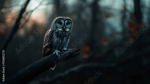 A stunning owl perched on a branch in a moody forest setting, showcasing intricate feather patterns and piercing eyes. photo