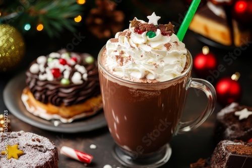 Hot Chocolate Milk. Milkshake. Delicious Holiday Treats. Warm Winter Hot Drink in a glass cup topped with whipped cream with green straw. Festive Desserts Galore. Seasonal pastries.