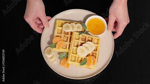 Delicious Belgian waffles decorated with fresh tangerine slices, banana and mint leaves, girl's hands bring a plate with waffles on a black background. Close-up, top view. Ideal for breakfast or brunc photo