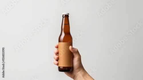 Hand holding a beer bottle with a blank label on a white background photo