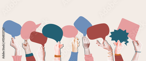 Community opinions collage. Raised hands holding speech bubbles, customers feedback and social discussion concept mixed media halftone vector illustration.