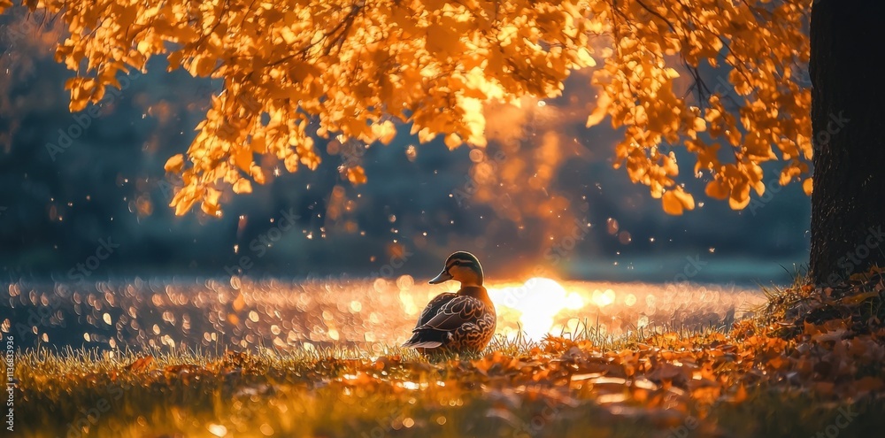 A serene duck rests under a vibrant autumn tree, illuminated by the warm glow of the setting sun reflecting on water. A serene duck rests under a vibrant autumn tree, illuminated by the warm glow of the setting sun reflecting on water.