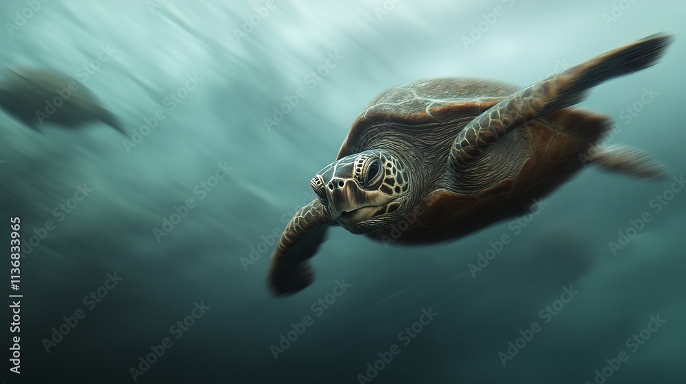 Obraz premium A majestic green sea turtle glides gracefully through the tranquil underwater environment.
