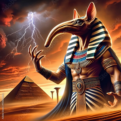 Egyptian god Seth, the god of chaos, storms, and the desert. Animal-headed. Regal, ornate Egyptian garments. Pyramids and desert. Seth raises his hand to summon a storm. Generative AI