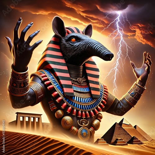 Egyptian god Seth, the god of chaos, storms, and the desert. Animal-headed. Regal, ornate Egyptian garments. Pyramids and desert. Seth raises his hand to summon a storm. Generative AI
