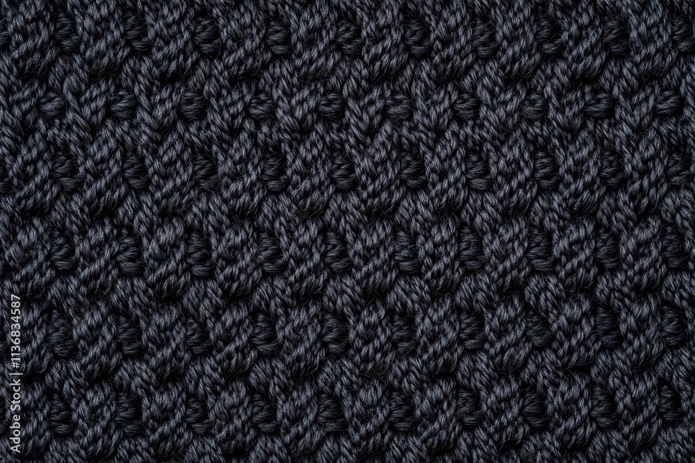 Fototapeta premium Close-up of a dark black knitted texture, showcasing intricate patterns and a cozy feel.