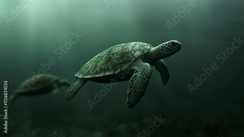 Two majestic green sea turtles swimming gracefully in an underwater ecosystem.