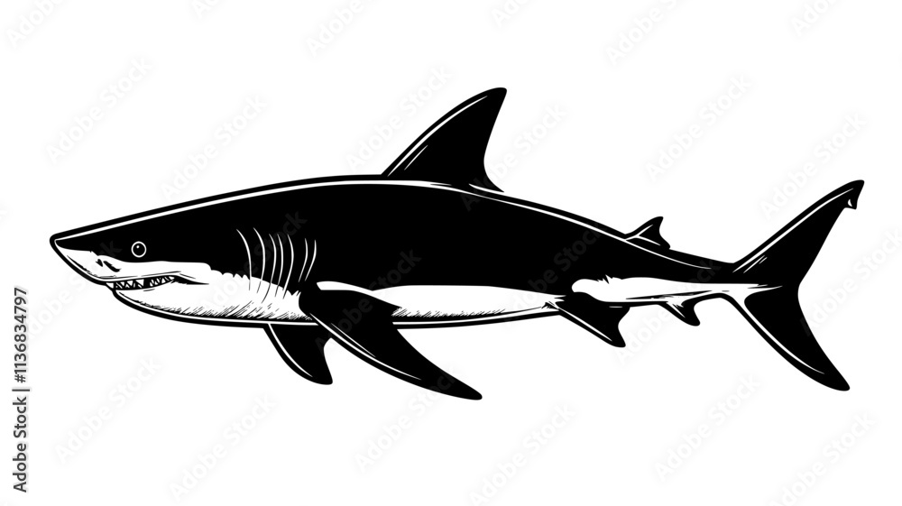 Obraz premium Shark swimming in clear water, casting faint shadow on sandy ocean floor, Animal Illustration