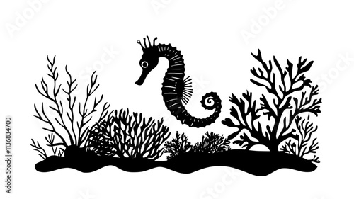 Seahorse grasping coral with its prehensile tail, Animal Illustration