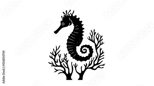 A seahorse clinging to a piece of coral, tail tightly wrapped around its surface, Animal Illustration