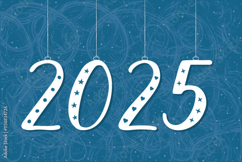 Handwritten numbers 2025 hanging as Christmas ornaments on a frosty blue background with snowfall. Happy New Year greeting card.