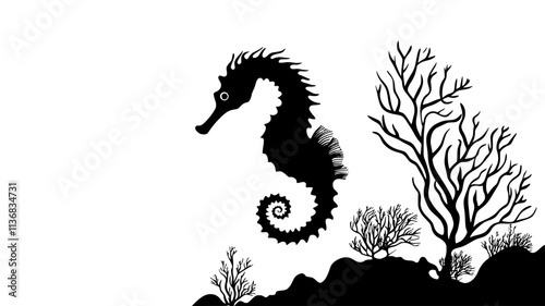 A seahorse resting near the bottom of the ocean, clinging to a small piece of coral, Animal Illustration