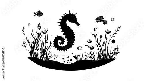 Seahorse hitching a ride on floating seaweed, Animal Illustration