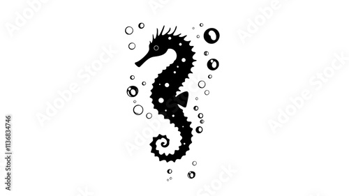 Seahorse swimming vertically in the water column, Animal Illustration