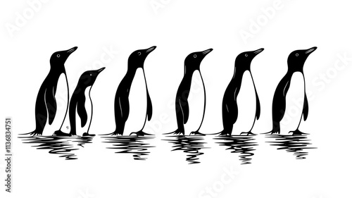 Several penguins stand in a row at the edge of the water, preparing to dive, Animal Illustration
