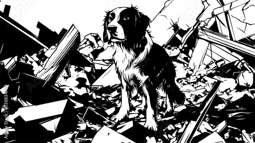 Search and rescue dog sniffing for scent in disaster rubble, Animal Illustration