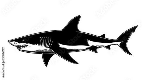 Shark circling around a small coral reef, tail moving rhythmically, Animal Illustration