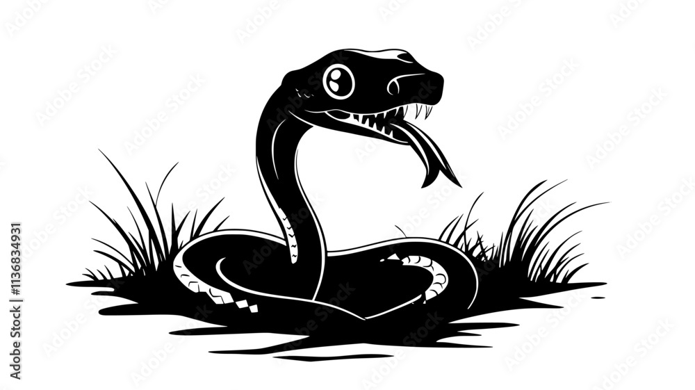 Snake emerging from a hole in the ground with its tongue out, Animal Illustration Snake emerging from a hole in the ground with its tongue out, Animal Illustration