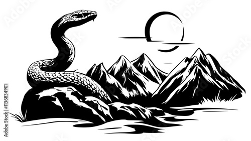 Snake basking on a sun-warmed rock in mountainous terrain, Animal Illustration