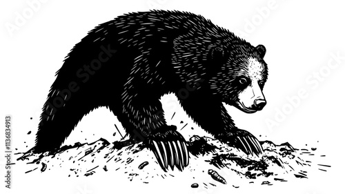 Sloth bear using long claws to dig for termites, Animal Illustration