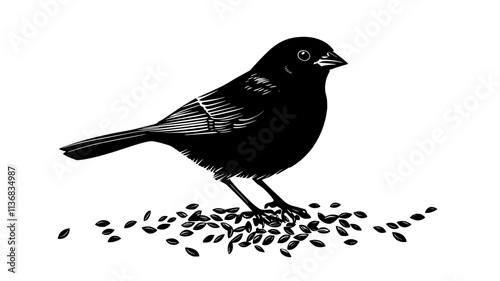 Sparrow hopping along the ground, pecking at seeds scattered on the earth, Animal Illustration