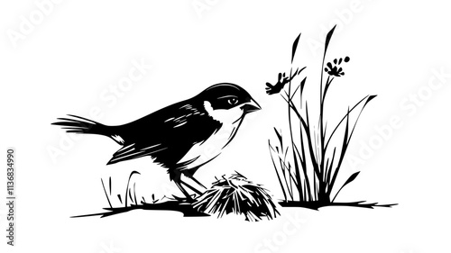 Sparrow gathering nesting material in beak from the ground, Animal Illustration