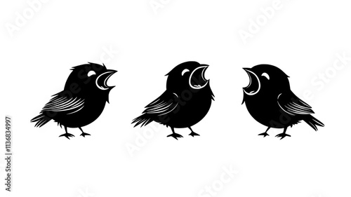 Sparrow nestlings with mouths open, begging for food, Animal Illustration