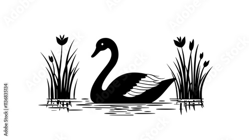 Swan diving head underwater to feed on aquatic plants, Animal Illustration