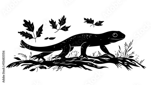 Terrestrial newt crawling through leaf litter on forest floor, Animal Illustration