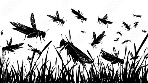 Swarm of grasshoppers feeding on crop field, Animal Illustration