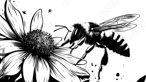 The bee crawls across the petals of a flower, brushing against pollen grains, Animal Illustration