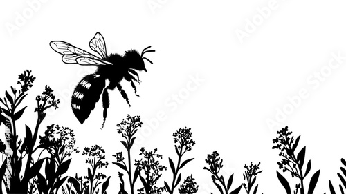 The bee enters a small opening in a plant, seeking out hidden nectar, Animal Illustration