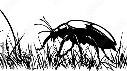 The beetle moves through grass, using its legs to navigate uneven terrain, Animal Illustration