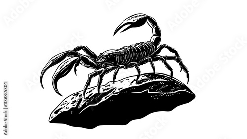 The scorpion climbs over a rock, using its strong legs to maintain balance, Animal Illustration