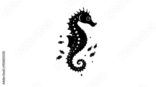 Tiny seahorse fry emerging from the male's brood pouch, Animal Illustration