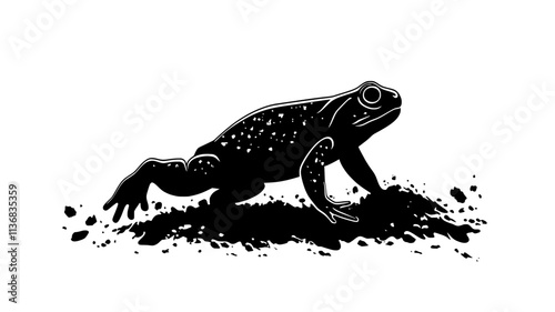 Toad burrowing backwards into soil, using hind legs to dig, Animal Illustration