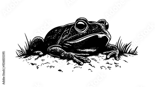 Toad resting in a small hollow in the ground, with just its head visible, Animal Illustration