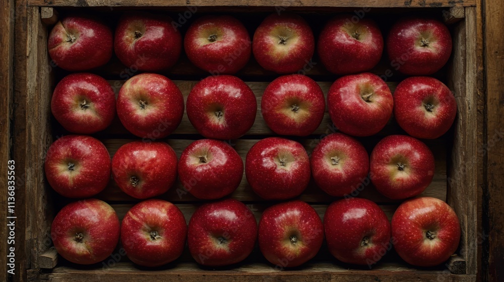 A visually appealing arrangement of ripe red apples is neatly displayed in a wooden crate, symbolizing freshness. A visually appealing arrangement of ripe red apples is neatly displayed in a wooden crate, symbolizing freshness.