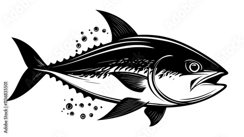 Tuna swimming directly below the surface, with its dorsal fin cutting through the water, Animal Illustration