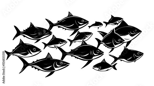Tuna moving in a school with other fish, all swimming in the same direction, Animal Illustration