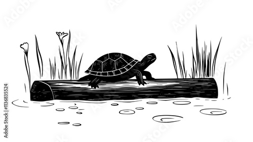Turtle basking on a log in a freshwater pond, Animal Illustration