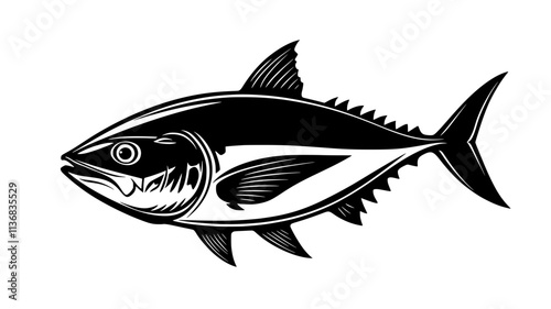 Tuna swimming rapidly through open water, its streamlined body cutting through the current, Animal Illustration