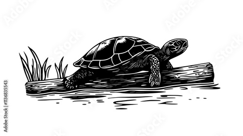 Turtle basking on a log protruding from a pond, Animal Illustration