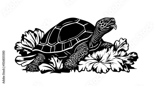 Turtle eating a lettuce leaf in a backyard garden, Animal Illustration