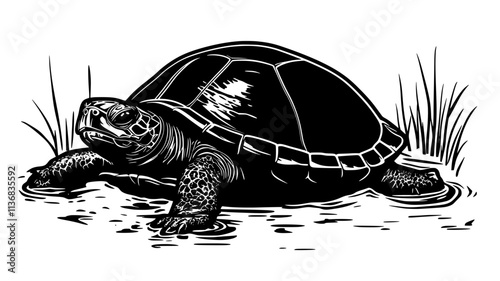 Turtle nestled in mud, shell partially submerged, head exposed, Animal Illustration