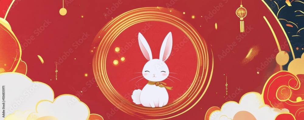 Obraz premium Cute white rabbit in a dreamy cloudscape with festive red background
