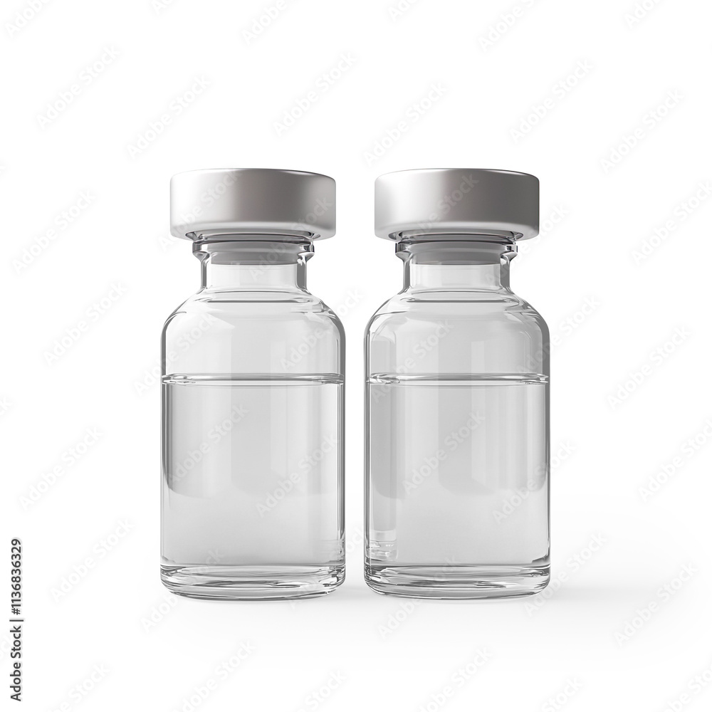 Three Clear Glass Vials with Silver Caps on a Transparent Background Three Clear Glass Vials with Silver Caps on a Transparent Background