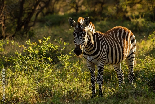 Close-up of a zebra's unique stripe patterns under natural sunlight photo